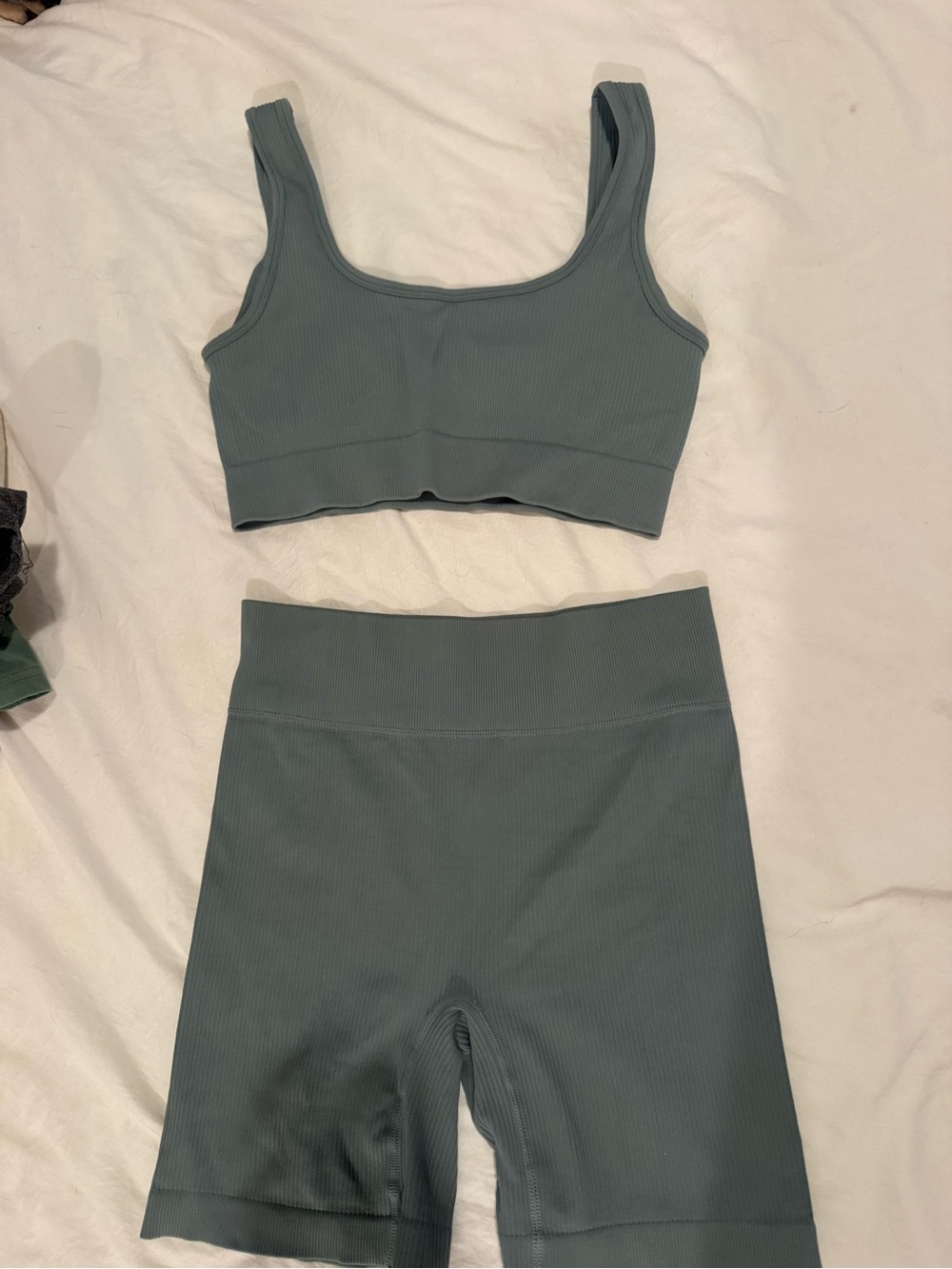 Ribbed Scoop Sports Bra & High-Waist Bike Shorts Set - Sage Green